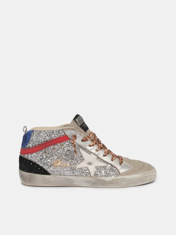 Mid Star sneakers in silver glitter with leopard-print laces and blue ...