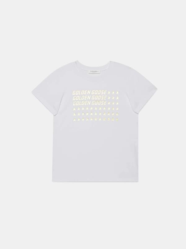 White Venice T-shirt with gold flag print | Golden Goose