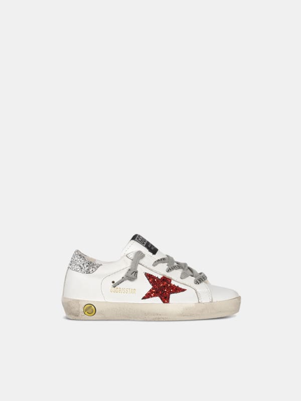 Super Star sneakers with glittery red star and glittery silver