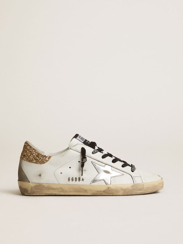 White Leather Super Star Sneakers With Glittery Heel Tab Golden Goose