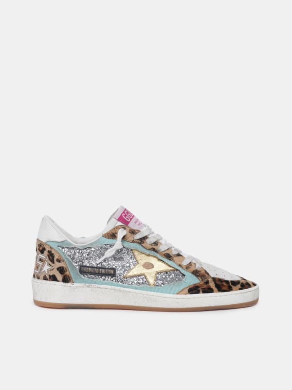 LTD Ball Star sneakers with silver glitter and leopard-print pony skin |  Golden Goose