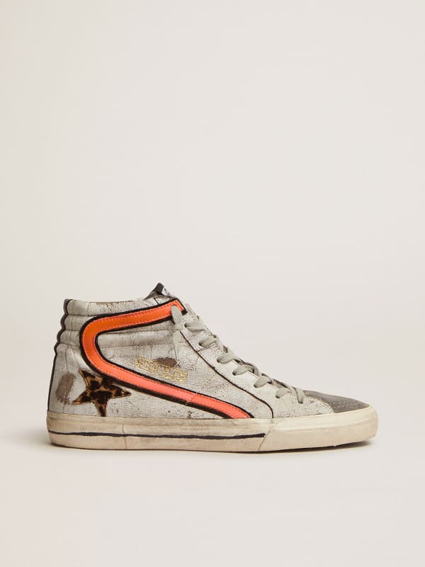 Slide sneakers in crackled suede with leopard-print pony skin star | Golden  Goose