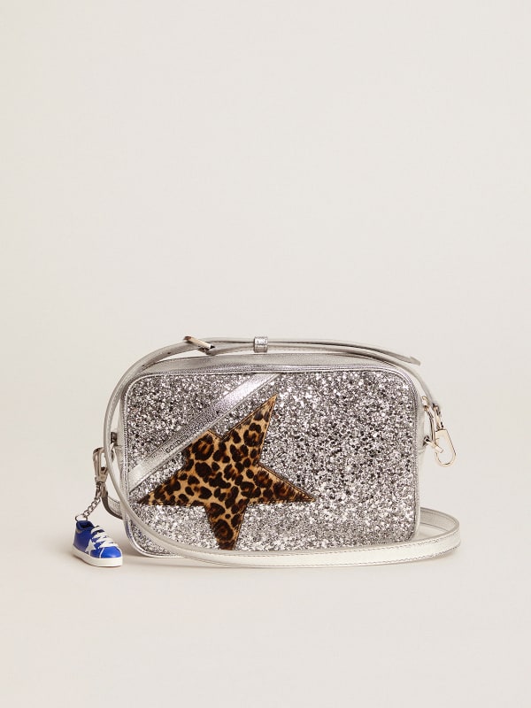 Star Bag in laminated leather with silver glitter and star in leopard-print  pony skin. | Golden Goose