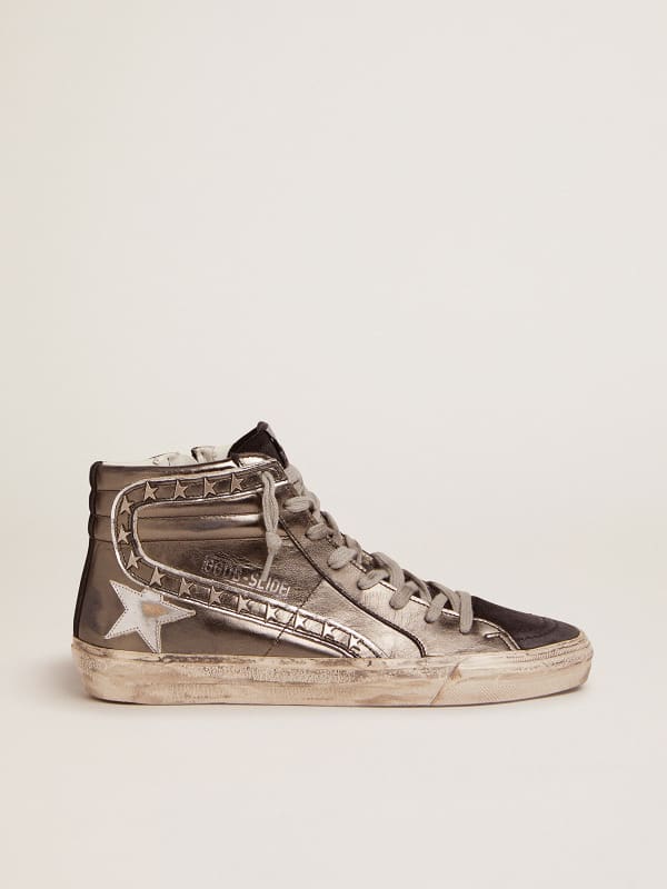 Women's Slide with silver laminated leather upper and studs | Golden Goose