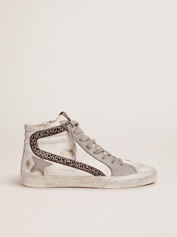 Slide sneakers with white and gray leather upper and leopard-print ...