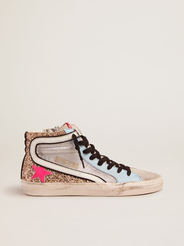 Slide LTD sneakers with glitter and fuchsia star | Golden Goose