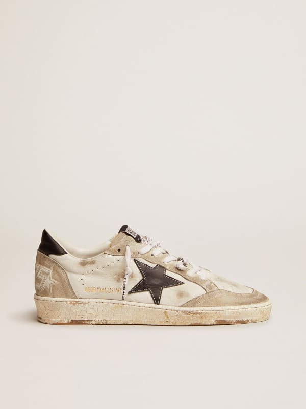 Ball Star sneakers in white leather and ice-gray suede with black details |  Golden Goose
