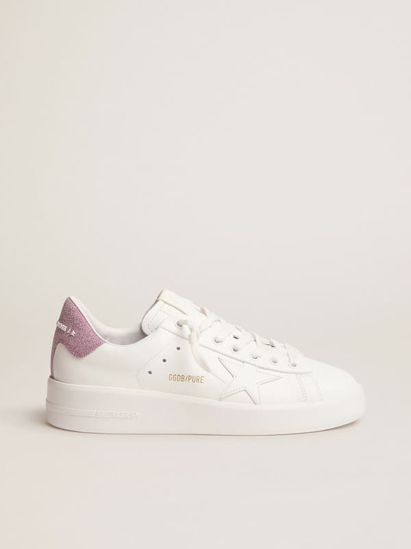 Purestar sneakers in white leather with pink glitter heel tab | Golden Goose