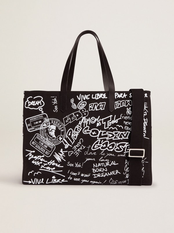 East-West California Bag in black canvas with graffiti | Golden Goose