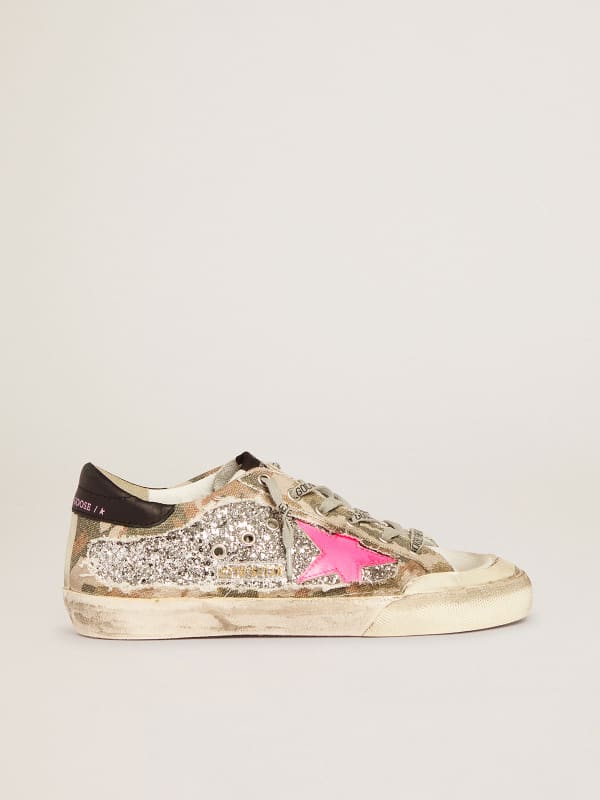 Super-Star sneakers in silver glitter and camouflage canvas | Golden Goose