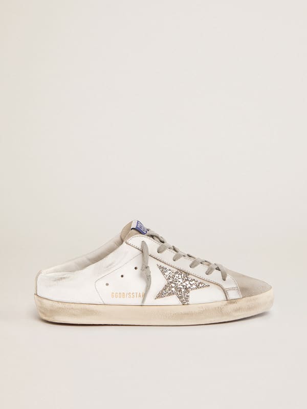 Super-Star Sabots in white leather and gray suede with silver 