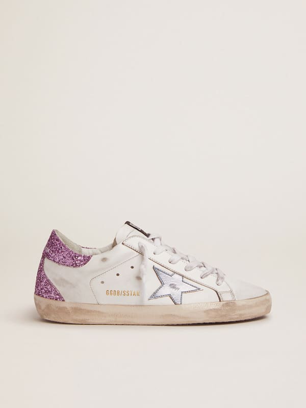 Super-Star sneakers with lavender glitter heel tab and light blue star |  Golden Goose