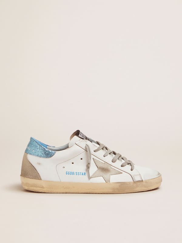 White Super-Star LTD sneakers with blue laminated heel tab | Golden Goose
