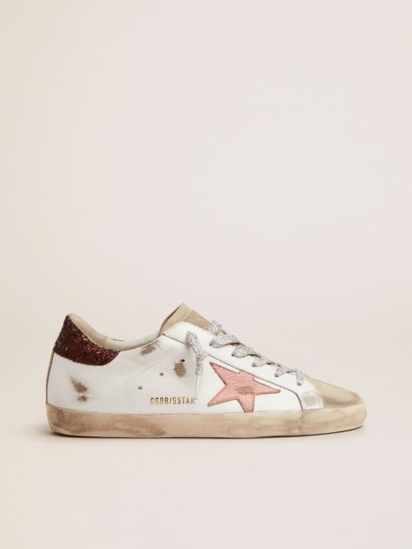 Super-Star sneakers with brown glitter heel tab and pink crackled leather  star | Golden Goose