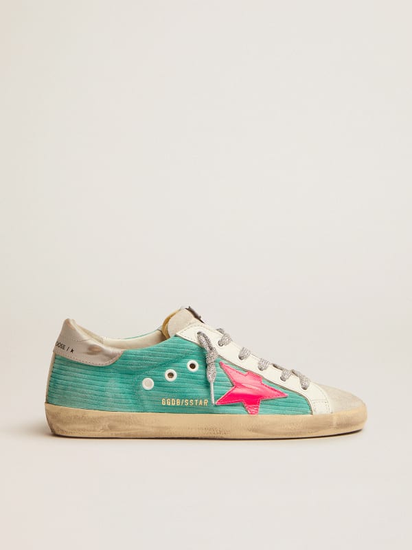 Super-Star sneakers in turquoise suede with corduroy print and fluorescent  pink leather star | Golden Goose