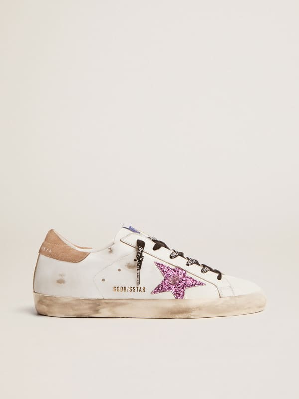 Super-Star sneakers in white leather with lavender-colored glitter 