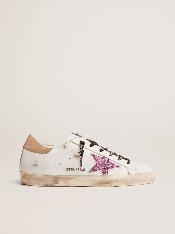 Super-Star sneakers in white leather with lavender-colored glitter star ...