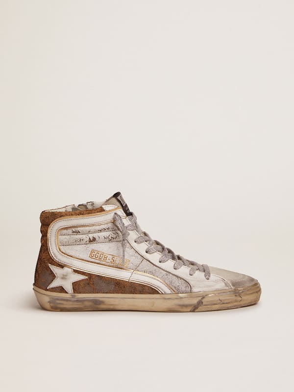 Slide sneakers in crackle leather and leopard-print suede | Golden Goose