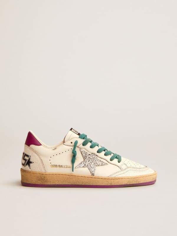 Ball Star LTD sneakers in leather with purple heel tab and silver star |  Golden Goose