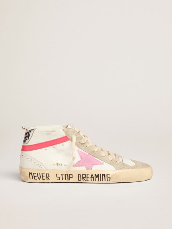 Mid Star sneakers in white leather with pink star and black lettering |  Golden Goose