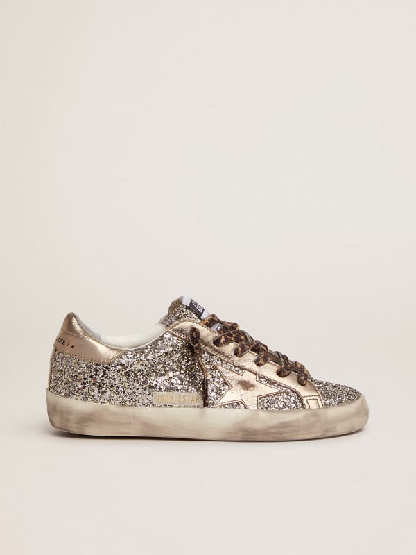 Super-Star femme pailletÃ©es platine avec Ã©toile et contrefort en cuir | Golden Goose