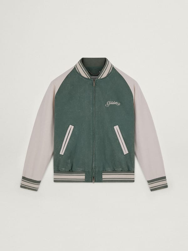 Military-green and white Journey Collection Eric bomber jacket with a  lived-in effect and contrasting embroidery on the back | Golden Goose