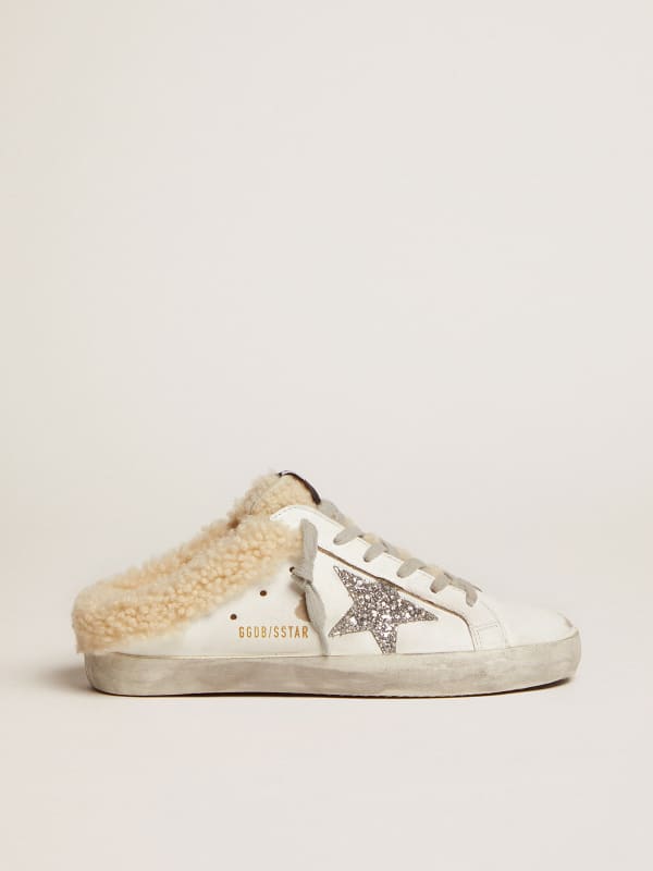 Women\'s Super-Star Sabot in white leather and shearling lining | Golden  Goose