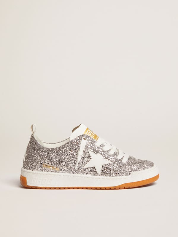 Yeah sneakers in silver glitter with white leather star | Golden Goose