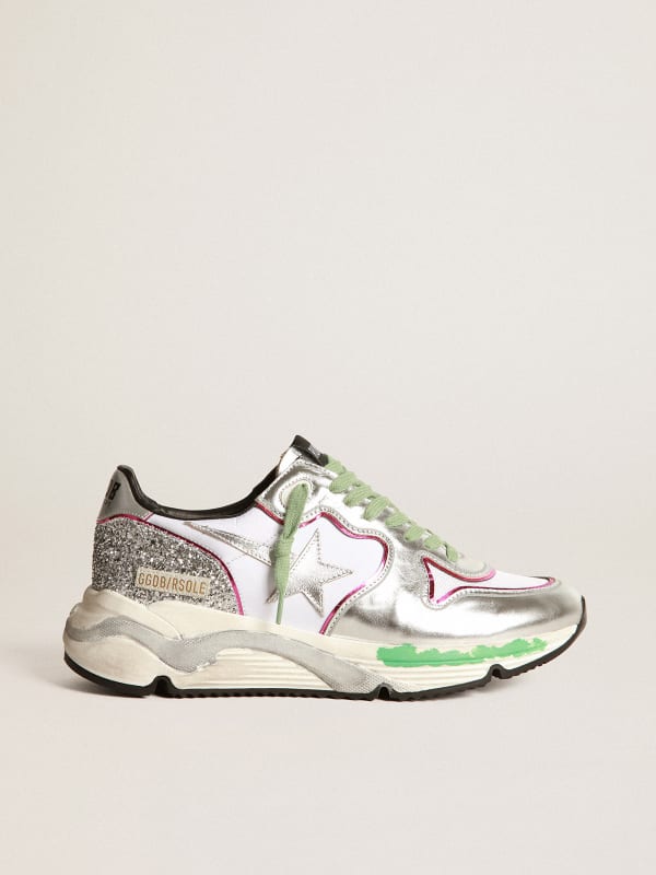 Silver Running Sole sneakers with glitter and fuchsia edging | Golden Goose