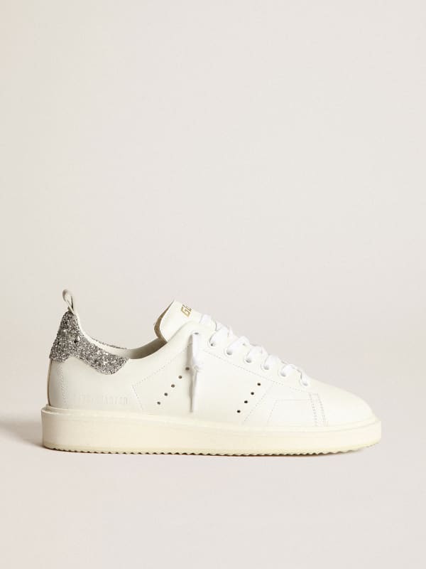 Starter sneakers in white leather with silver glitter heel tab | Golden ...