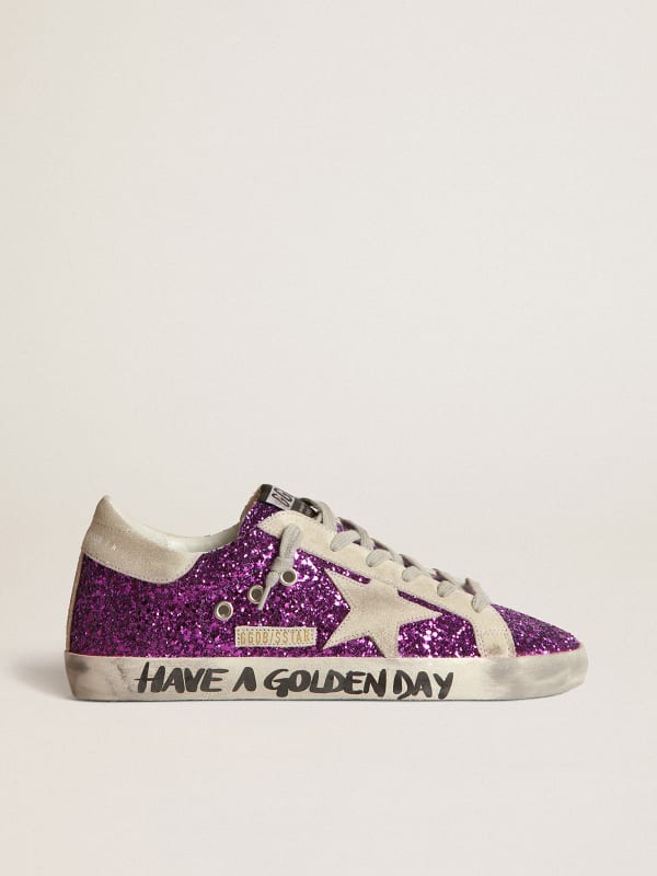 Super-Star sneakers with purple glitter and lettering on the foxing |  Golden Goose
