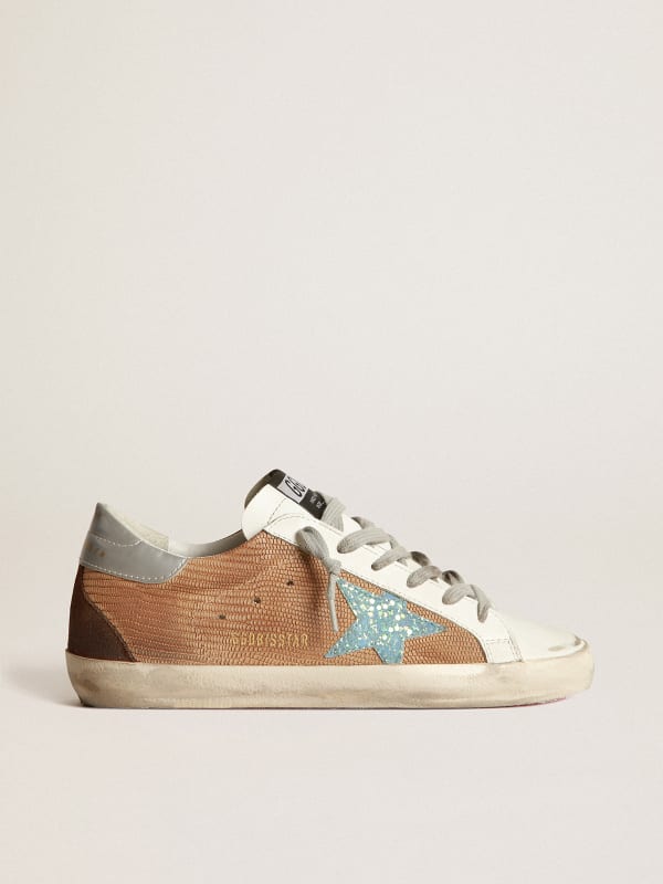 Super- Star sneakers in lizard-print leather with glitter star | Golden ...