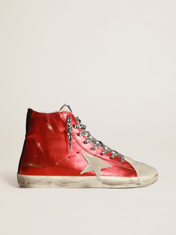 Francy sneakers in red laminated leather with leopard-print laces