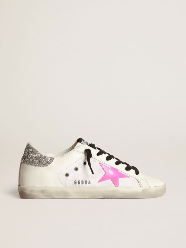 Super-Star sneakers in white leather and canvas with shocking-pink leather  star and silver glitter heel tab