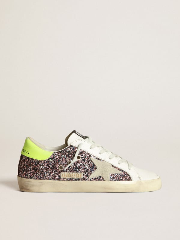 Super-Star sneakers in gray and pink glitter with ice-gray suede star and  fluorescent yellow leather heel tab | Golden Goose
