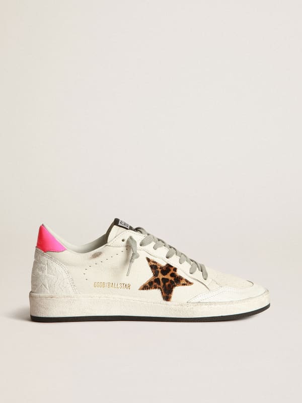 White Ball Star sneakers in leather with leopard-print star | Golden Goose