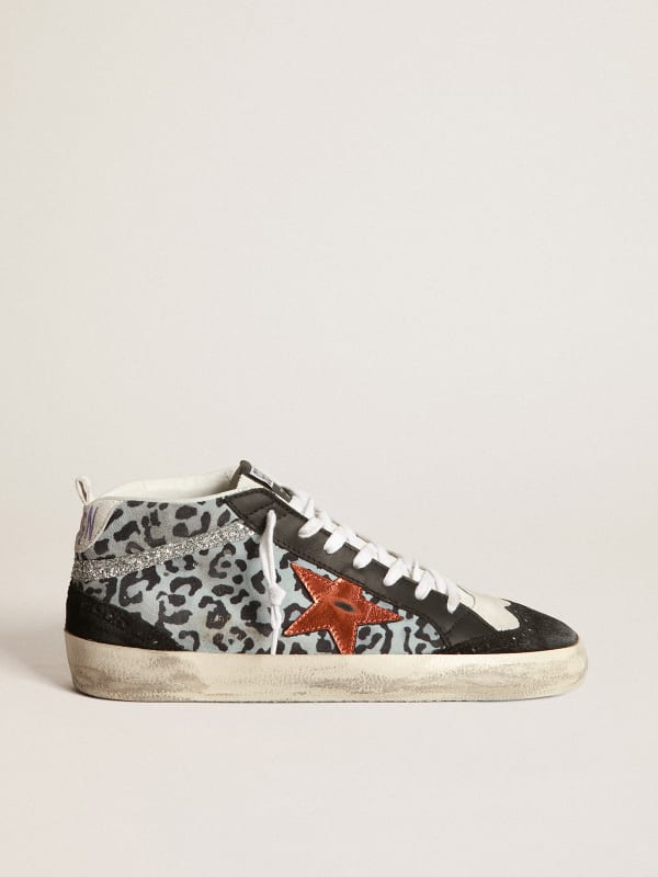 Mid Star sneakers in light blue leopard-print suede with copper-colored laminated  leather star and silver glitter flash | Golden Goose
