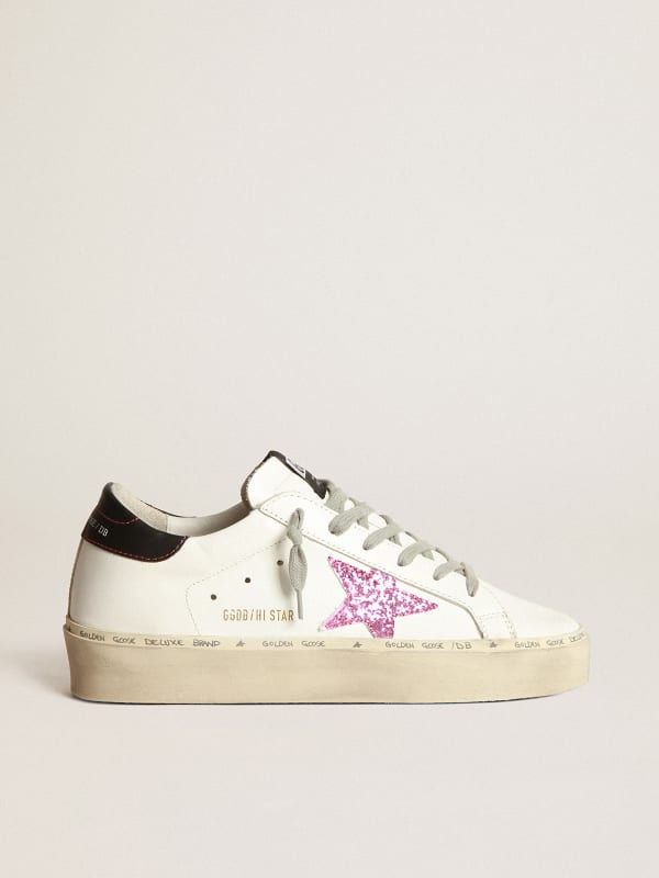 Hi Star sneakers with pink glitter star and black heel tab | Golden Goose