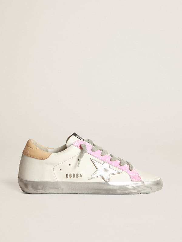 Super-Star sneakers with silver laminated leather star and pink crocodile-print  leather inserts | Golden Goose