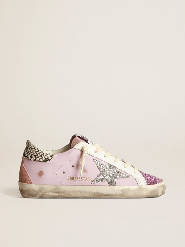 Super-Star sneakers in pink leather with silver glitter star and snake