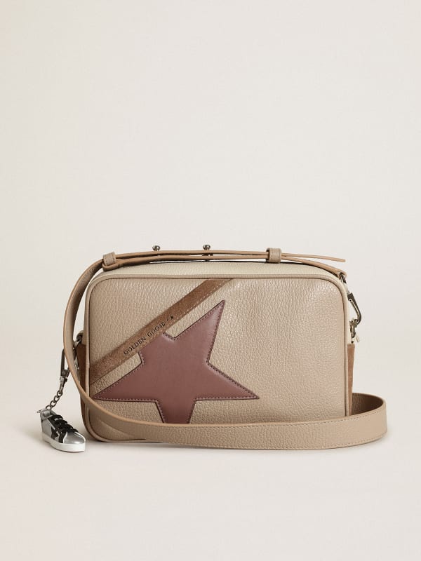 Star Bag in white and lilac hammered leather with camel-colored