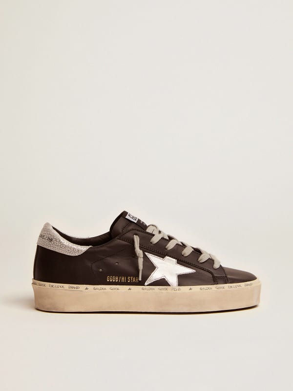 Hi Star sneakers in black leather with silver laminated leather star | Golden Goose
