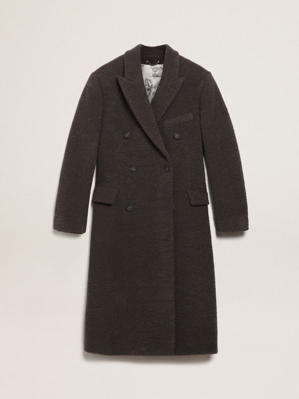 Men's double-breasted coat in licorice-colored bouclé wool | Golden Goose