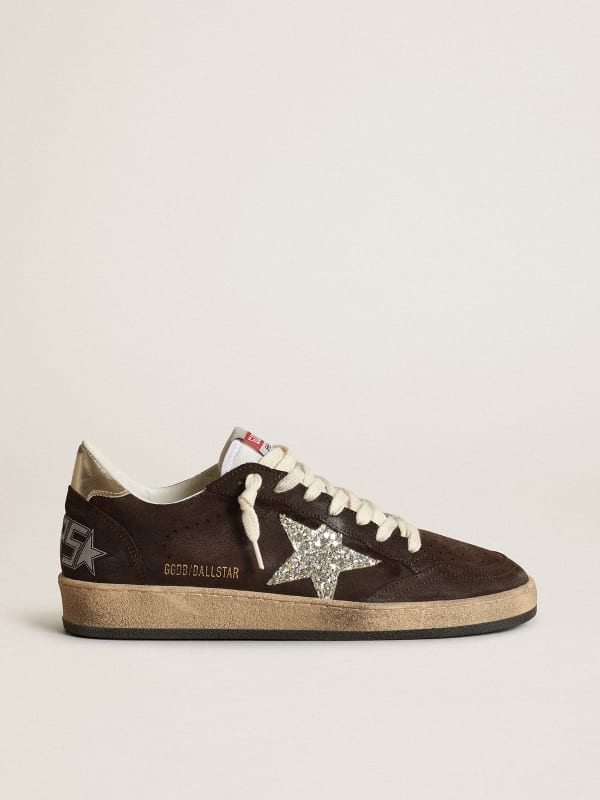 Ball Star sneakers in brown suede with platinum glitter star and white