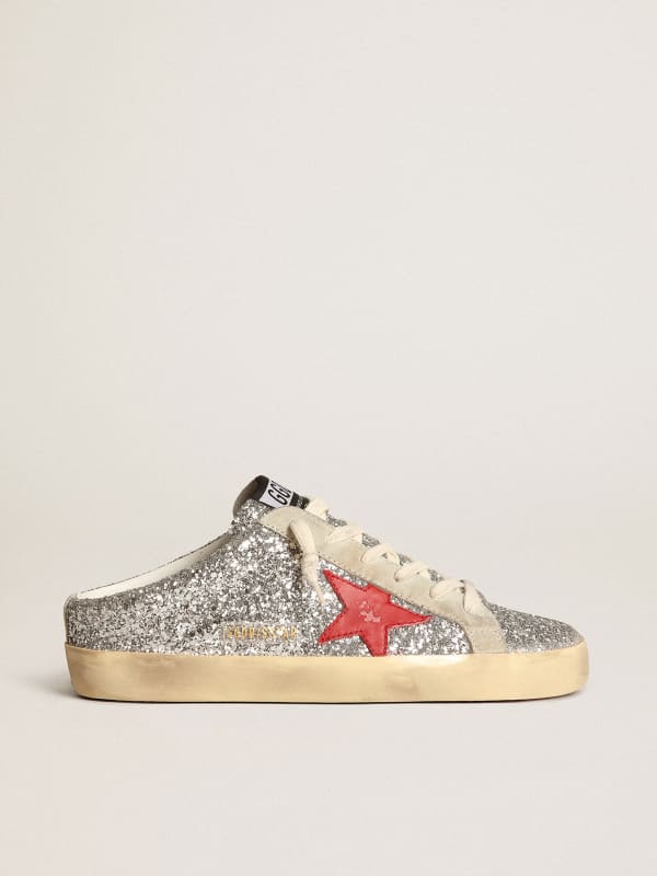 Women's Super-Star Sabot in silver glitter with red leather star | Golden  Goose