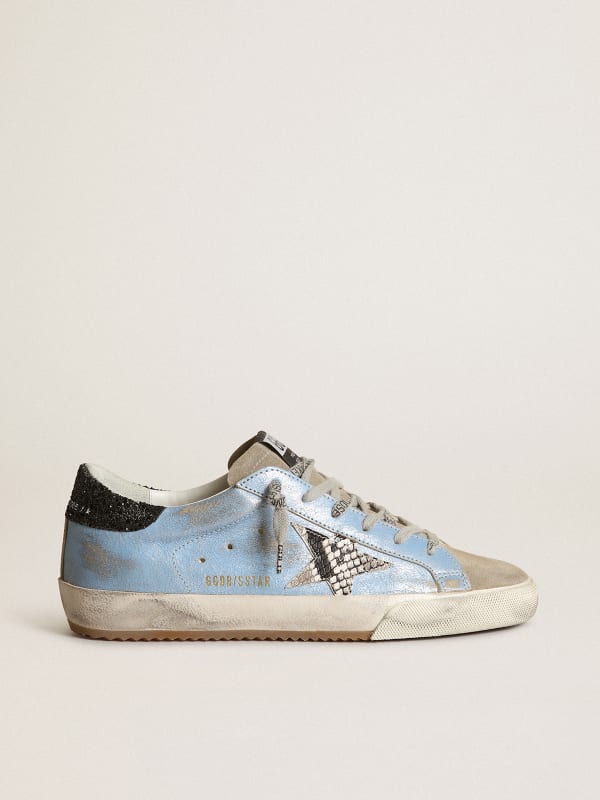 Light blue Super-Star with a gray star and glitter heel tab | Golden Goose