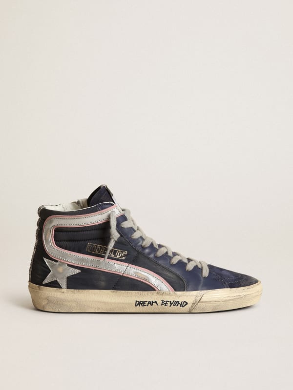 Slide LTD sneakers in blue nylon with silver metallic leather star and flash  | Golden Goose