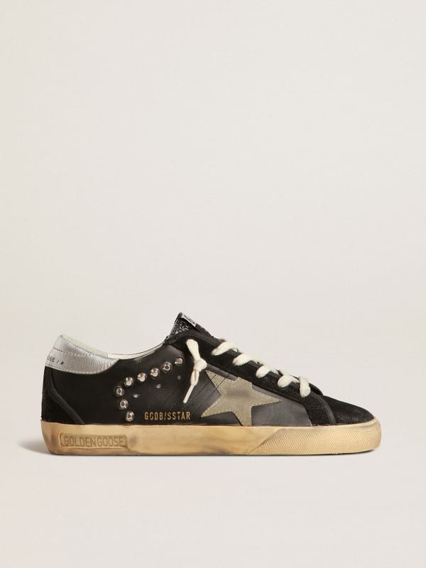 Men’s Super-Star in black leather and suede with silver studs | Golden Goose