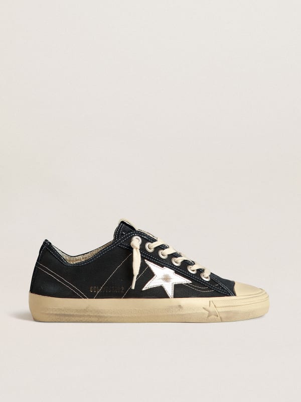 V-Star in navy-blue canvas with a silver laminated leather star ...