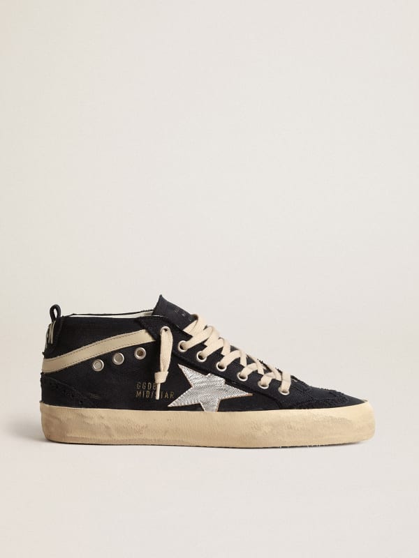 Mid Star in blue cotton with silver star and leather flash | Golden Goose